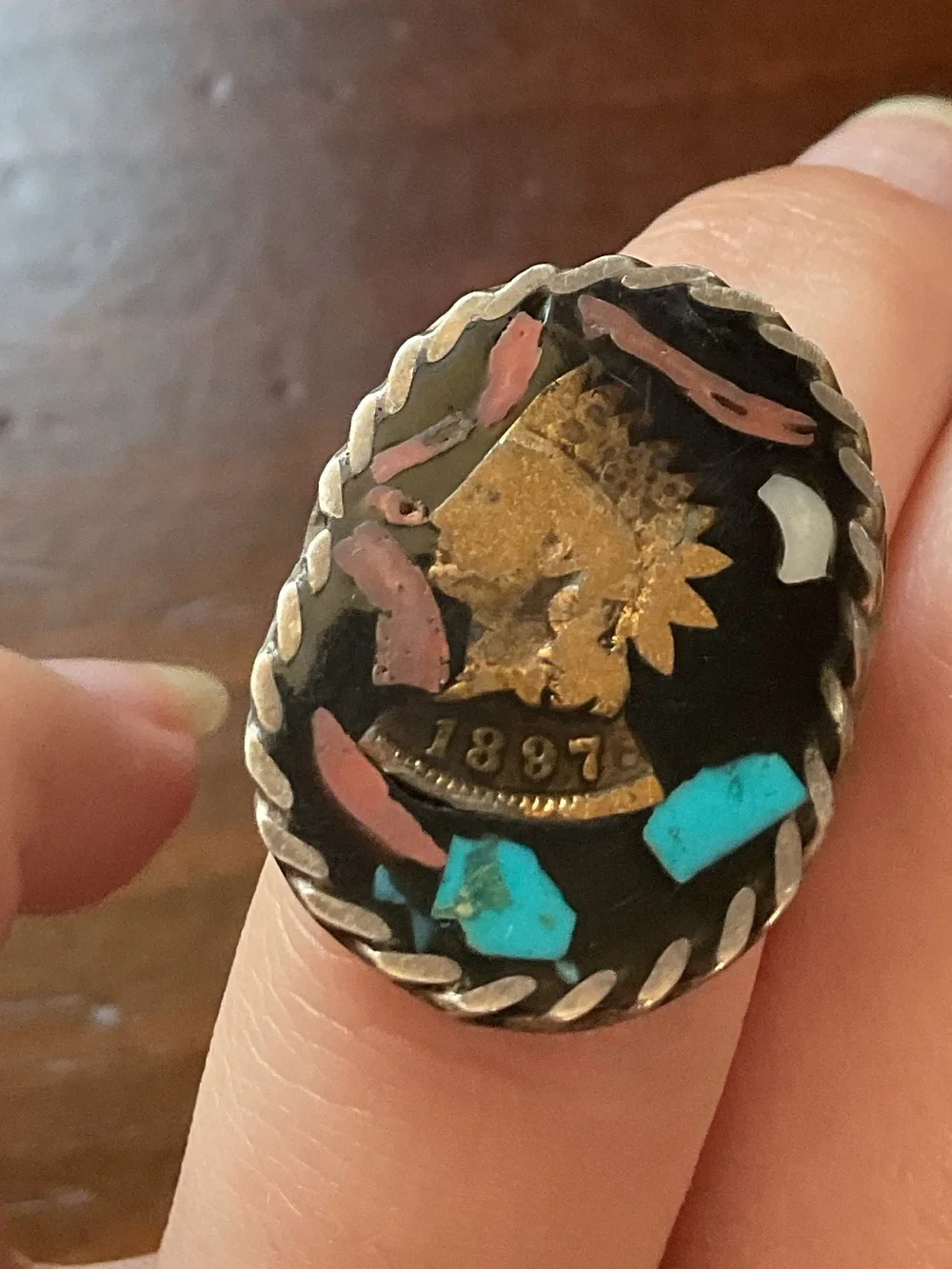 Vintage Sterling Native American Coin Gemstone Mosaic Inlay Ring Size 5.25